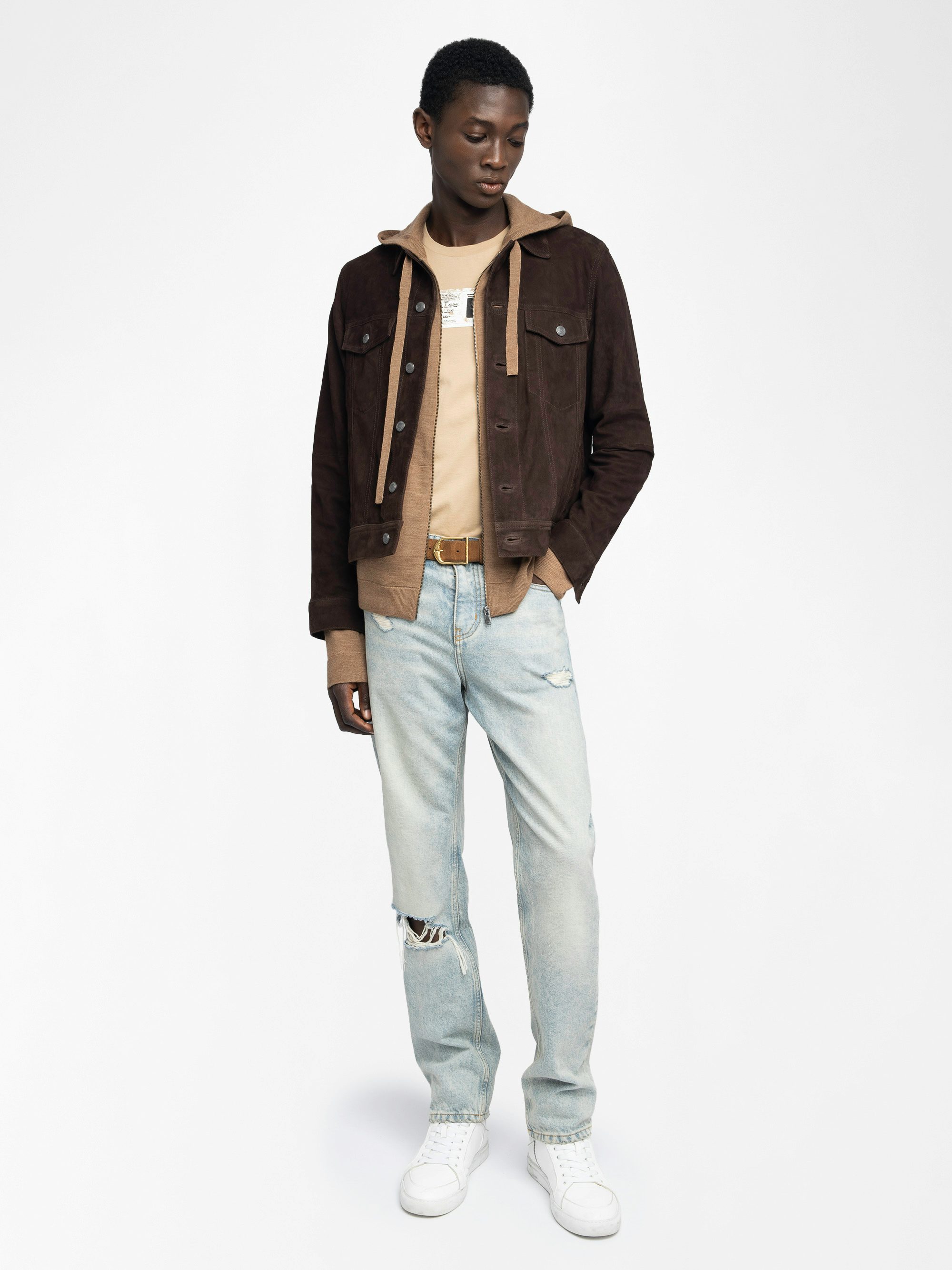 Bases Suede Leather Jacket - Suede jacket with embossed wings at the back, long sleeves and button fastening.